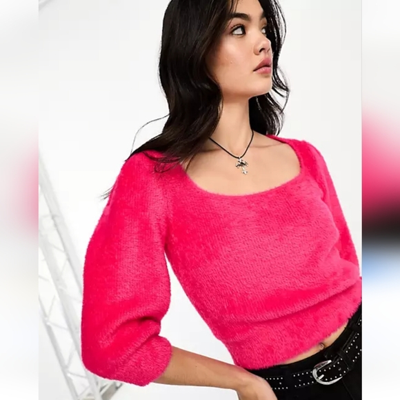 Free People Sweaters - 🆕️Free People Moonbeam Cropped Boho-Chic Sweater Raspberry Pop Pink SZ Medium